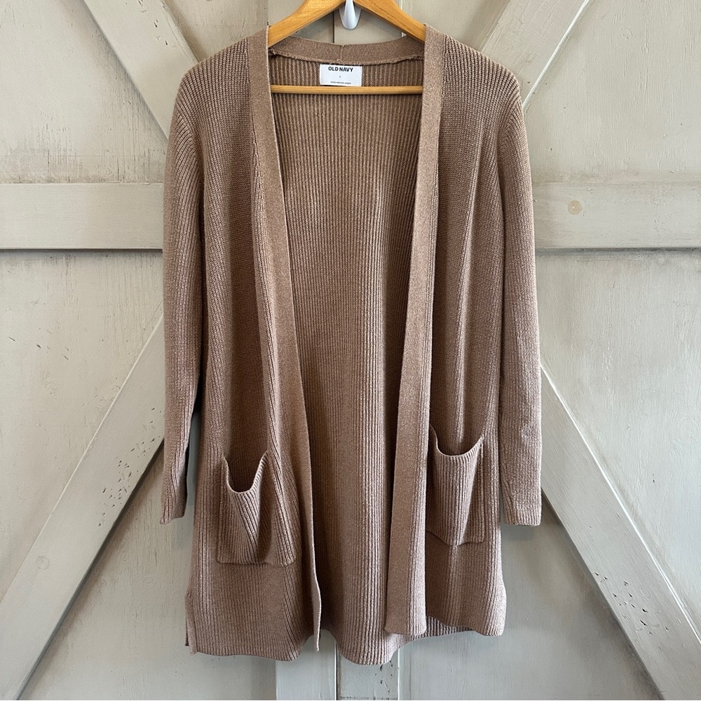 Old Navy Open Front Knit Cardigan Sweater Taupe Beige Pockets Size Large